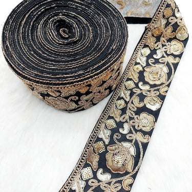 Silk Trim Gold Floral Embroidered Sequins Trim, Decorative Trim, Indian Sari Border